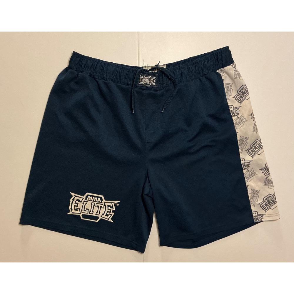 Y2K MMA Elite Mens Navy Blue Mesh Athletic Training Shorts Logo Print Size XL